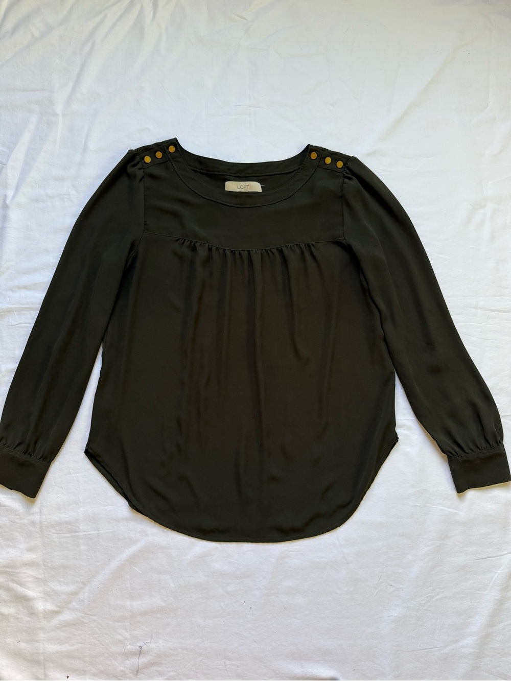 LOFT Olive Green Long-Sleeve Button-Shoulder Blouse - Picture 3 of 8